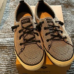 Sperry Beige/Black and Blue slip ons